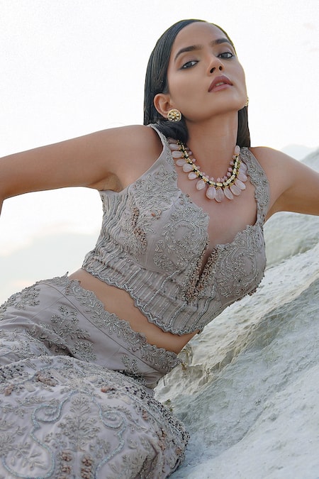 Ankur J_Gray Satin, Net Tassels Sweetheart Neck Slat Stone Embellished Lehenga Set _at_Aza_Fashions