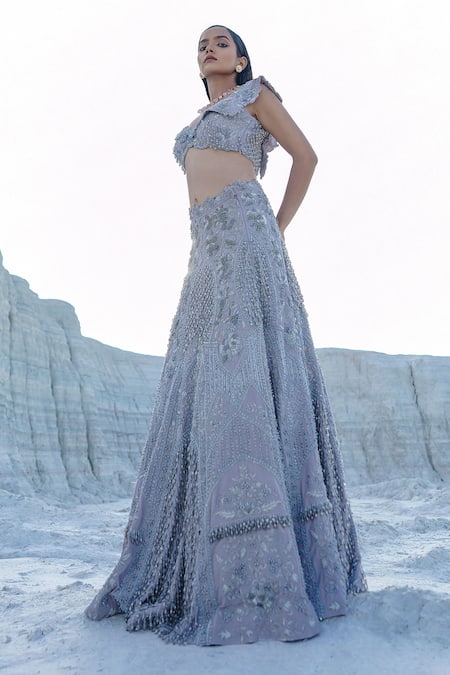 Ankur J_Blue Lurex, Satin, Net Tassels, Embroidery V-neck Light Ethnowave Lehenga Set _Online_at_Aza_Fashions
