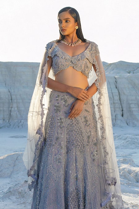 Shop_Ankur J_Blue Lurex, Satin, Net Tassels, Embroidery V-neck Light Ethnowave Lehenga Set _Online_at_Aza_Fashions