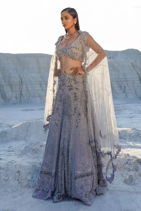 Ankur J_Blue Lurex, Satin, Net Tassels, Embroidery V-neck Light Ethnowave Lehenga Set _at_Aza_Fashions