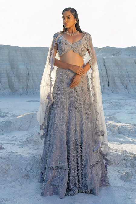 Shop_Ankur J_Blue Lurex, Satin, Net Tassels, Embroidery V-neck Light Ethnowave Lehenga Set 