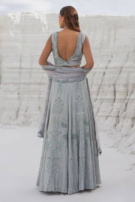Shop_Ankur J_Blue Lurex, Satin, Net Tassels, Embroidery Round Neck Light Lehenga Set _at_Aza_Fashions