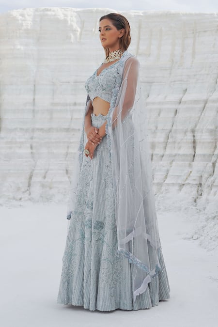 Shop_Ankur J_Blue Lurex, Satin, Net Tassels, Embroidery Round Neck Light Lehenga Set _Online_at_Aza_Fashions