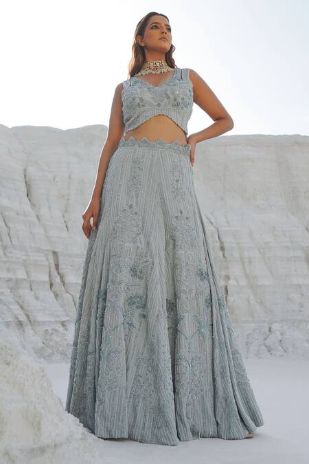 Ankur J_Blue Lurex, Satin, Net Tassels, Embroidery Round Neck Light Lehenga Set _at_Aza_Fashions
