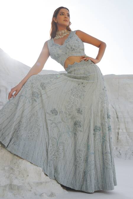 Buy_Ankur J_Blue Lurex, Satin, Net Tassels, Embroidery Round Neck Light Lehenga Set 