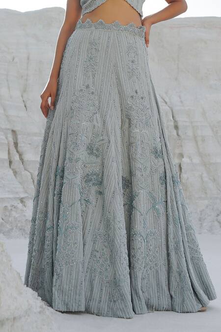 Shop_Ankur J_Blue Lurex, Satin, Net Tassels, Embroidery Round Neck Light Lehenga Set 