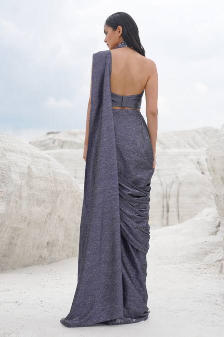 Shop_Ankur J_Blue Microfiber Embroidery Halter Neck Metallic Mesh Draped Saree Set _at_Aza_Fashions