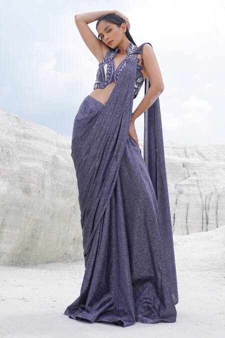 Ankur J_Blue Microfiber Embroidery Halter Neck Metallic Mesh Draped Saree Set _at_Aza_Fashions