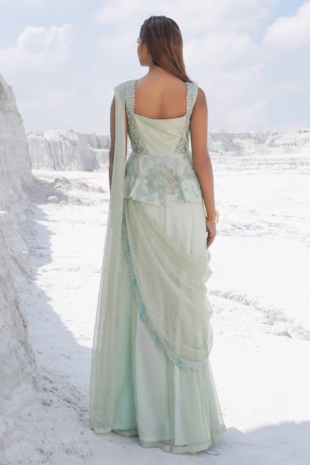 Shop_Ankur J_Green Silk Embroidery V-neck Pastel Draped Saree And Blouse _at_Aza_Fashions
