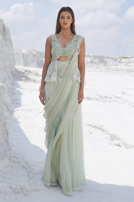 Buy_Ankur J_Green Silk Embroidery V-neck Pastel Draped Saree And Blouse _Online_at_Aza_Fashions