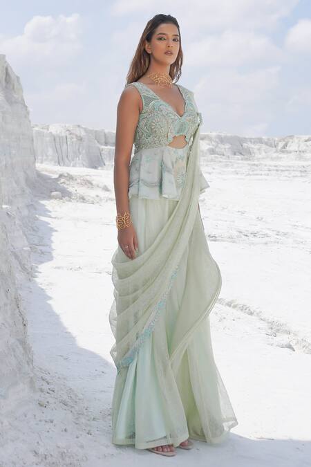Ankur J_Green Silk Embroidery V-neck Pastel Draped Saree And Blouse _at_Aza_Fashions