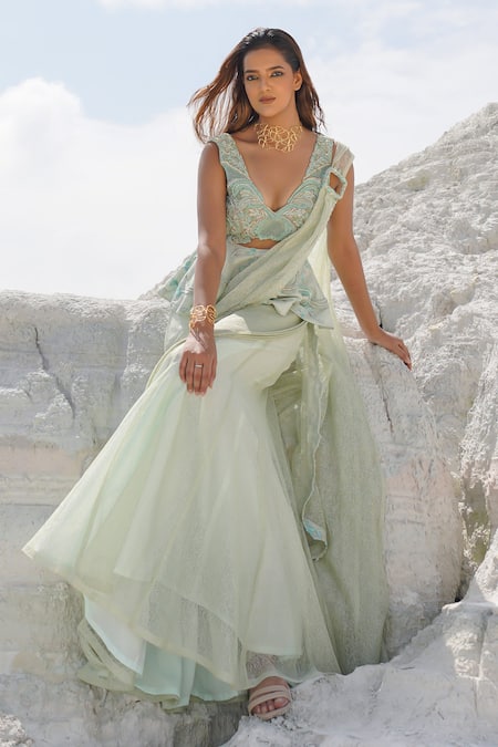 Buy_Ankur J_Green Silk Embroidery V-neck Pastel Draped Saree And Blouse 