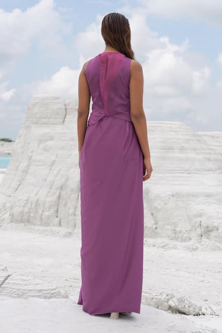 Ankur J_Pink Crepe, , Organza Embroidery Draped Pleated Skirt With Blouse _Online_at_Aza_Fashions