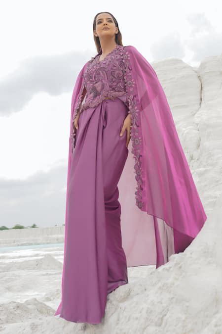 Buy_Ankur J_Pink Crepe, , Organza Embroidery Draped Pleated Skirt With Blouse _Online_at_Aza_Fashions