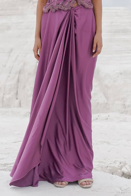Shop_Ankur J_Pink Crepe, , Organza Embroidery Draped Pleated Skirt With Blouse _Online_at_Aza_Fashions