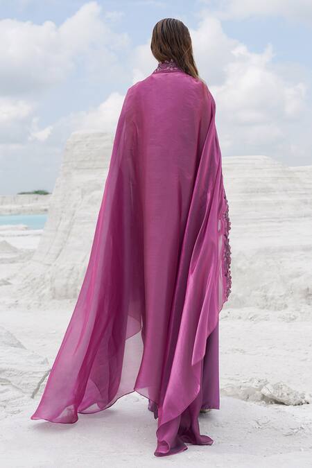 Shop_Ankur J_Pink Crepe, , Organza Embroidery Draped Pleated Skirt With Blouse _at_Aza_Fashions