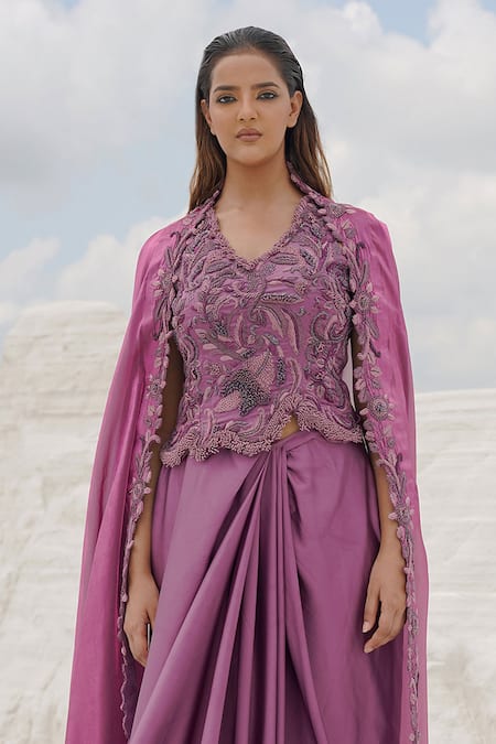 Buy_Ankur J_Pink Crepe, , Organza Embroidery Draped Pleated Skirt With Blouse 
