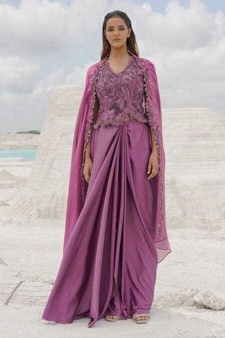Shop_Ankur J_Pink Crepe, , Organza Embroidery Draped Pleated Skirt With Blouse 