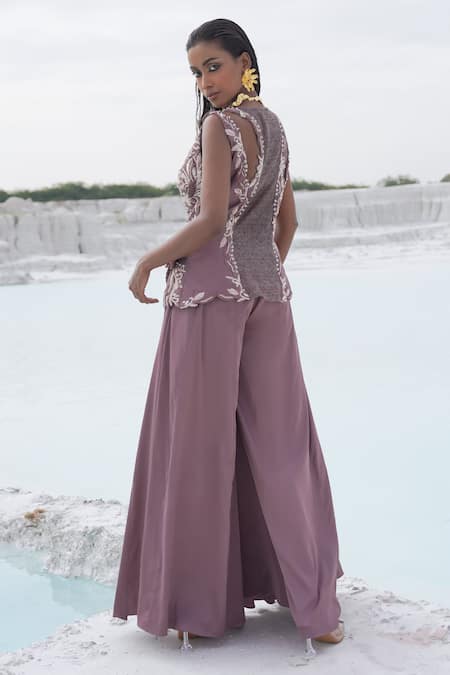 Shop_Ankur J_Lilac Silk Embroidery V-neck Faded Kallied Plazzo Set _at_Aza_Fashions