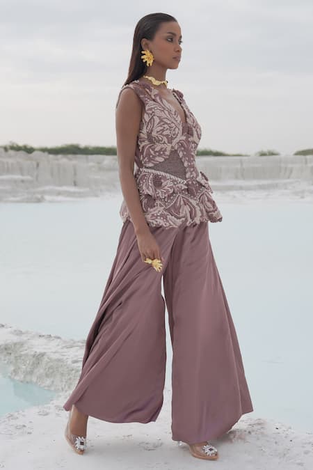 Ankur J_Lilac Silk Embroidery V-neck Faded Kallied Plazzo Set _Online_at_Aza_Fashions
