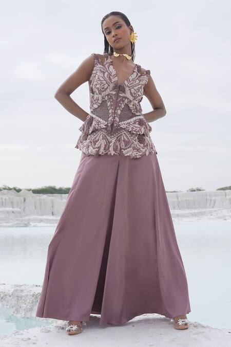 Buy_Ankur J_Lilac Silk Embroidery V-neck Faded Kallied Plazzo Set _Online_at_Aza_Fashions