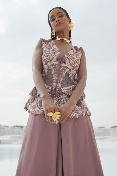 Ankur J_Lilac Silk Embroidery V-neck Faded Kallied Plazzo Set _at_Aza_Fashions