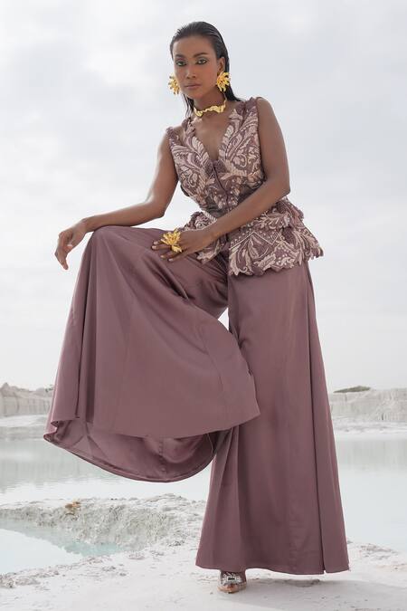 Buy_Ankur J_Lilac Silk Embroidery V-neck Faded Kallied Plazzo Set 