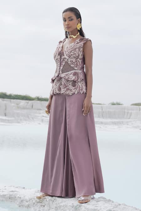 Shop_Ankur J_Lilac Silk Embroidery V-neck Faded Kallied Plazzo Set 