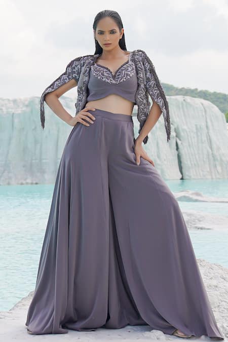 Ankur J_Gray Silk Embroidery Round , Open Faded Grey Kallied Palazzo Set _Online_at_Aza_Fashions
