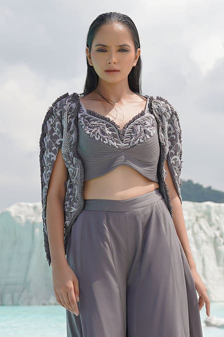 Buy_Ankur J_Gray Silk Embroidery Round , Open Faded Grey Kallied Palazzo Set _Online_at_Aza_Fashions