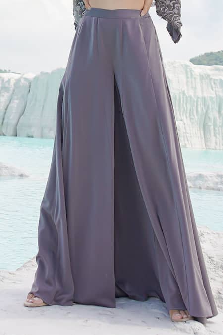 Shop_Ankur J_Gray Silk Embroidery Round , Open Faded Grey Kallied Palazzo Set _Online_at_Aza_Fashions
