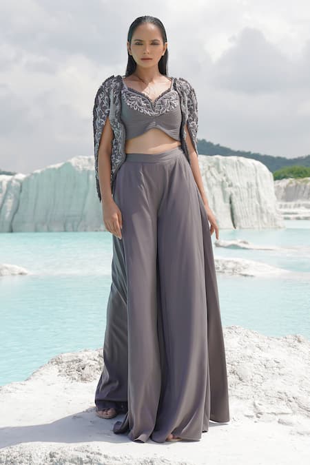 Ankur J_Gray Silk Embroidery Round , Open Faded Grey Kallied Palazzo Set _at_Aza_Fashions