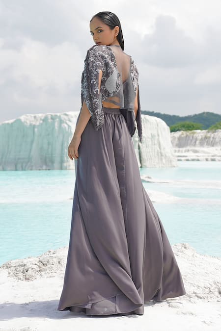 Shop_Ankur J_Gray Silk Embroidery Round , Open Faded Grey Kallied Palazzo Set _at_Aza_Fashions