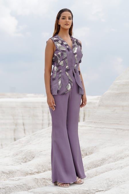 Ankur J_Purple Cotton, Silk Applique Faded Lilac Front Opening Blouse And Straight Pants _Online_at_Aza_Fashions