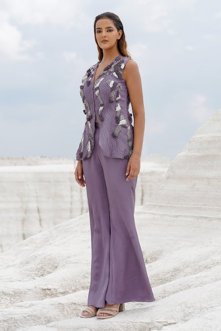 Buy_Ankur J_Purple Cotton, Silk Applique Faded Lilac Front Opening Blouse And Straight Pants _Online_at_Aza_Fashions