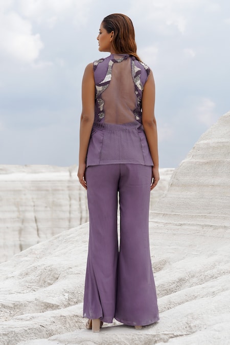 Shop_Ankur J_Purple Cotton, Silk Applique Faded Lilac Front Opening Blouse And Straight Pants _at_Aza_Fashions