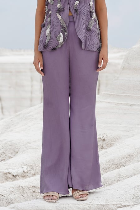 Ankur J_Purple Cotton, Silk Applique Faded Lilac Front Opening Blouse And Straight Pants _at_Aza_Fashions