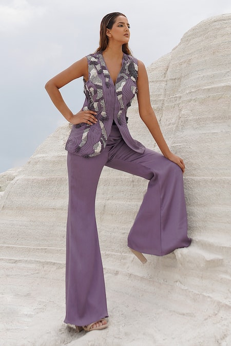 Buy_Ankur J_Purple Cotton, Silk Applique Faded Lilac Front Opening Blouse And Straight Pants 