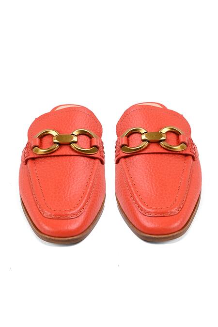 Shop Vanilla Moon Red Leather Mules With Gold Ornament at Aza Fashions Shop_Vanilla Moon_ Red Leather Mules With Gold Ornament_at_Aza_Fashions