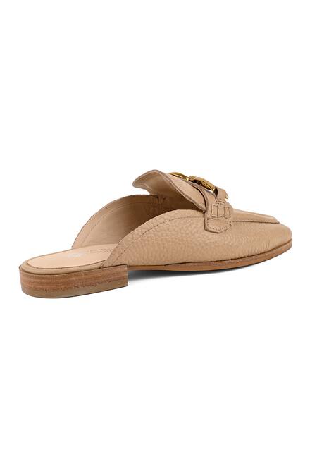 Buy_Vanilla Moon_Beige Milled Leather Mule With Gold Ornament_Online_at_Aza_Fashions
