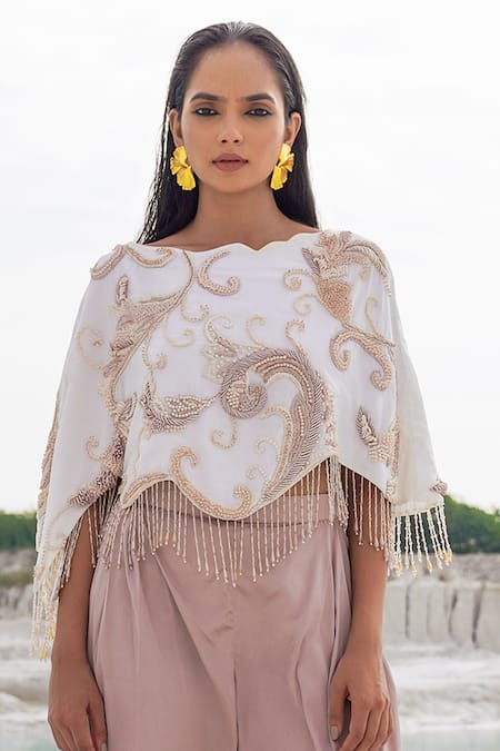Ankur J White Canvas, Crepe Fringe, Cavali Silk Ethnowave Blouse And Pleated Pants Online at Aza Fashions Ankur J_White Canvas, Crepe Fringe, Cavali Silk Ethnowave Blouse And Pleated Pants _Online_at_Aza_Fashions