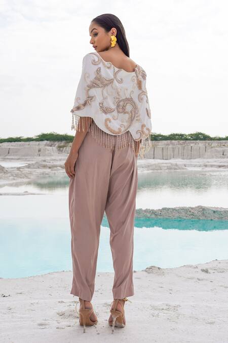 Shop Ankur J White Canvas, Crepe Fringe, Cavali Silk Ethnowave Blouse And Pleated Pants at Aza Fashions Shop_Ankur J_White Canvas, Crepe Fringe, Cavali Silk Ethnowave Blouse And Pleated Pants _at_Aza_Fashions