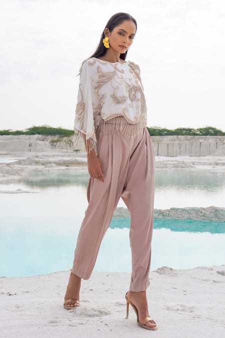 Shop Ankur J White Canvas, Crepe Fringe, Cavali Silk Ethnowave Blouse And Pleated Pants Online at Aza Fashions Shop_Ankur J_White Canvas, Crepe Fringe, Cavali Silk Ethnowave Blouse And Pleated Pants _Online_at_Aza_Fashions