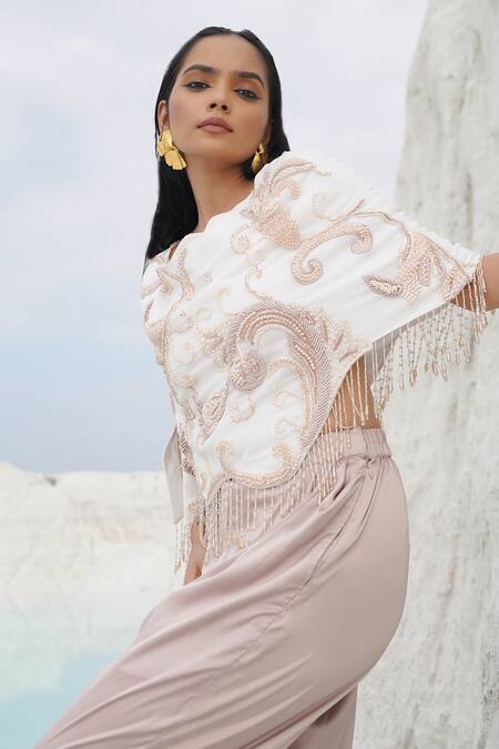 Ankur J White Canvas, Crepe Fringe, Cavali Silk Ethnowave Blouse And Pleated Pants at Aza Fashions Ankur J_White Canvas, Crepe Fringe, Cavali Silk Ethnowave Blouse And Pleated Pants _at_Aza_Fashions