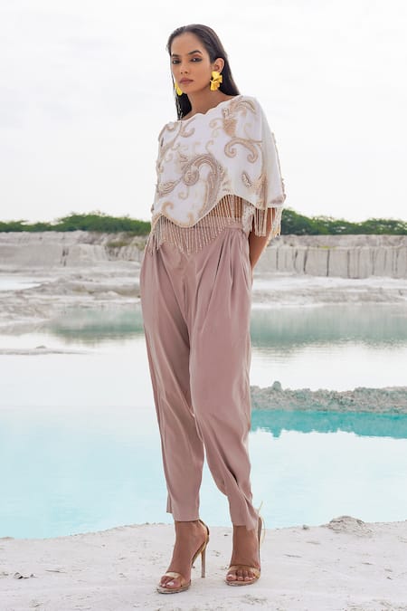 Buy Ankur J White Canvas, Crepe Fringe, Cavali Silk Ethnowave Blouse And Pleated Pants Buy_Ankur J_White Canvas, Crepe Fringe, Cavali Silk Ethnowave Blouse And Pleated Pants