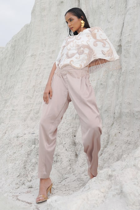 Shop Ankur J White Canvas, Crepe Fringe, Cavali Silk Ethnowave Blouse And Pleated Pants Shop_Ankur J_White Canvas, Crepe Fringe, Cavali Silk Ethnowave Blouse And Pleated Pants
