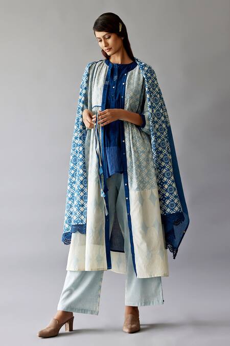 Shop_JAYATI GOENKA_Blue Cotton Lace Open Neck Hand Block Printed Overlay Pant Set 