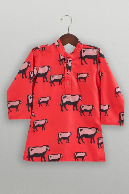 Tiny Pants_Red Cotton Cow Print Kurta Jacket Set _Online_at_Aza_Fashions