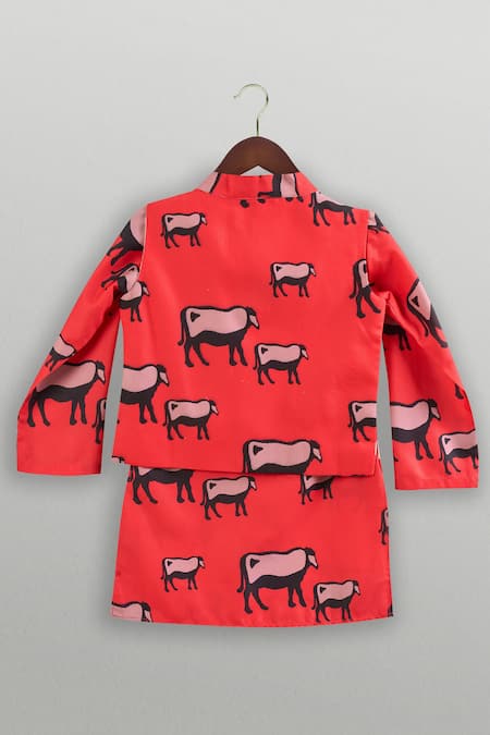 Tiny Pants Cotton Cow Print Kurta Jacket Set 