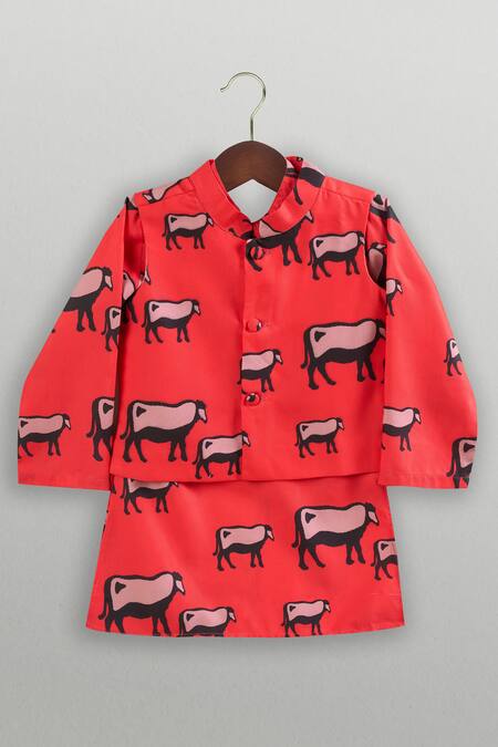 Buy_Tiny Pants_Red Cotton Cow Print Kurta Jacket Set _Online_at_Aza_Fashions